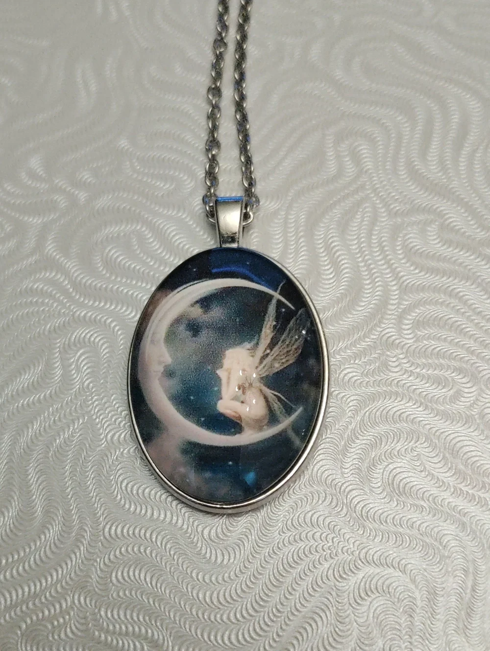 Silver Fairy on Moon Pendant Necklace - Blue 18